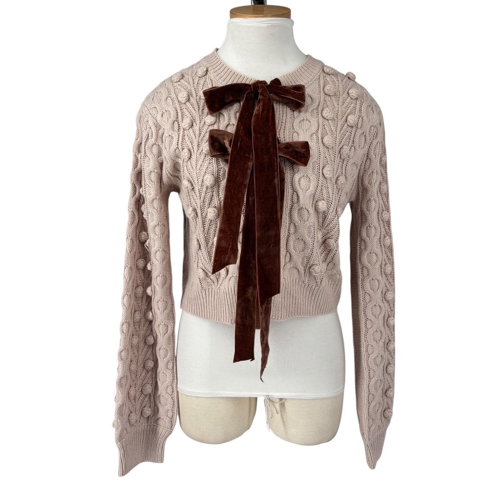 Listicle Emilia Cardigan Women Medium Pink New Velvet Bow Cable Knit Pom Pom